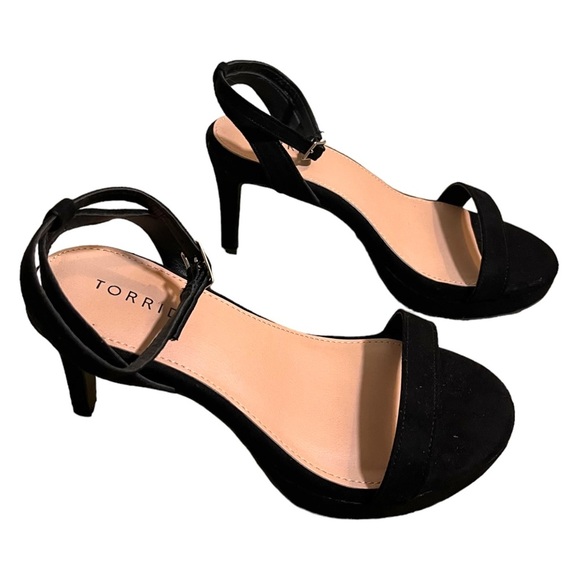 Torrid Black Faux Suede Peep Toe Ankle Strap Heel Wide Fit Sandals - Picture 2 of 8